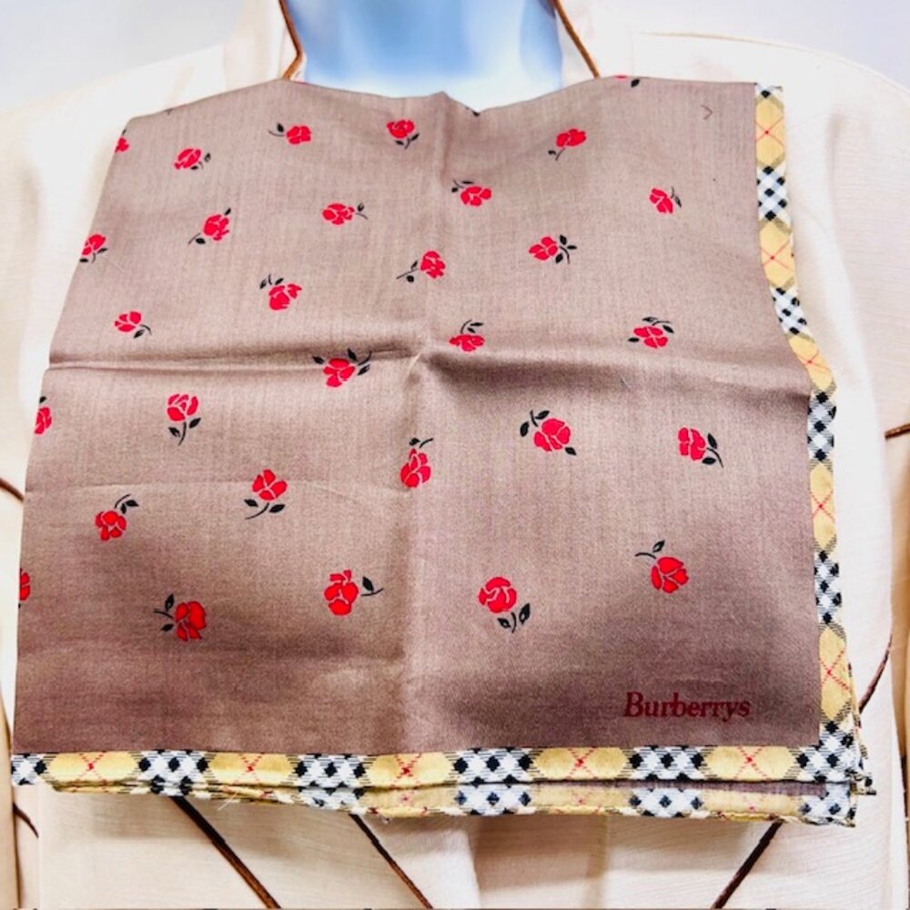 New Burberry London Miniscarf/Handker cotton 19" brown red floral nova check(83)